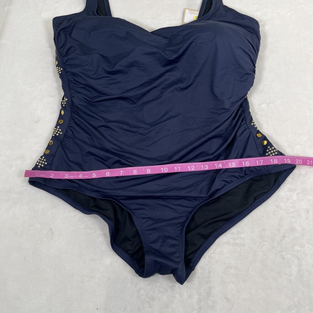 NWT Michael Kors U-Neck Gold Studded Sides Maillot 1-PC Swimsuit Navy Blue 22W - Picture 2 of 15